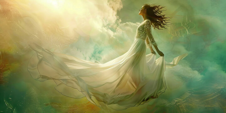 A waif like woman floating ethereally in a diaphanous white dress, her long, graceful limbs seemingly suspended in air against a softly lit, dreamlike landscape.