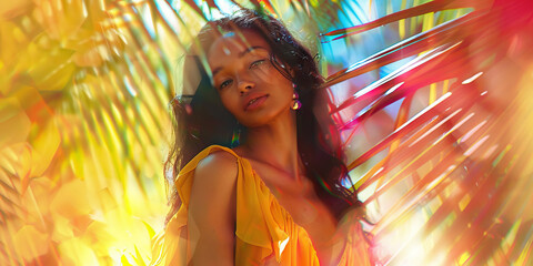 A radiant woman with sun-kissed skin, wearing a bright yellow dress, surrounded by the vibrant colors of a tropical paradise, her body language inviting and welcoming.