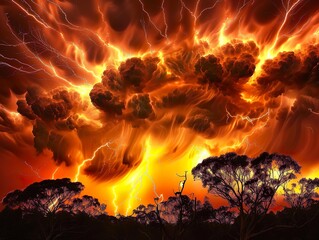 Experience a stunning fiery thunderstorm over a forest showcasing natures power and beauty