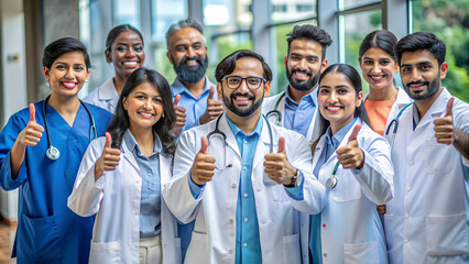 Obraz premium A group of medical doctors celebrating success with thumbs up 