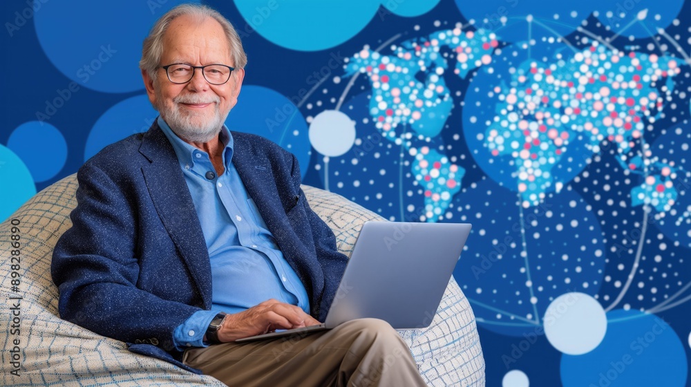 Poster a man sitting at a desk using a laptop with a global network background