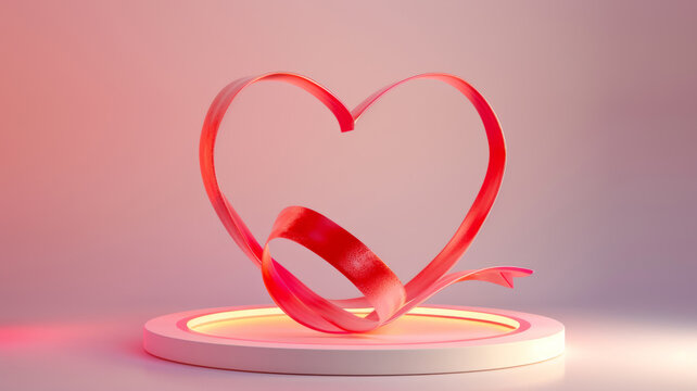 Red ribbon in the shape of a heart on round podium or pedestal. Gifts for your loved one. - Powered by Adobe