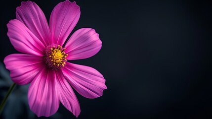 A pink flower with a yellow center against a black background The yellow center is distinctively situated at the flower's heart