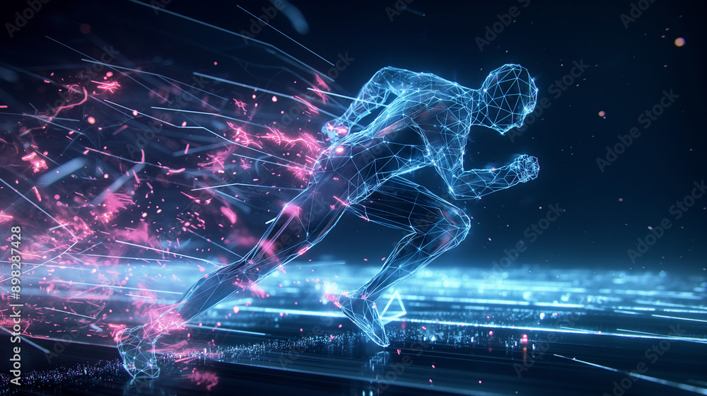 Poster athlete in motion, digital wireframe and neon lights creating a futuristic running scene