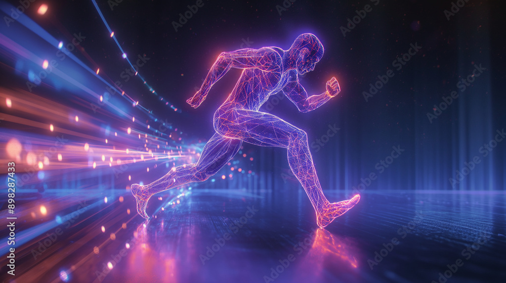 Poster athlete in motion, digital wireframe and neon lights creating a futuristic running scene