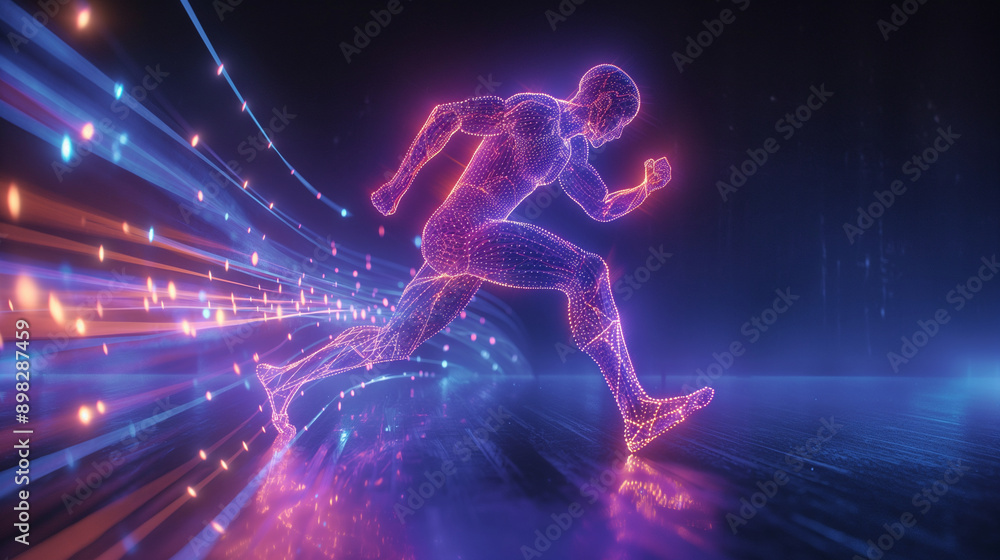 Poster athlete in motion, digital wireframe and neon lights creating a futuristic running scene