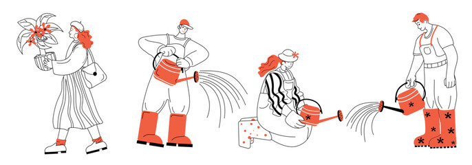 A group of people is joyfully gardening together, watering plants in a simple line art style