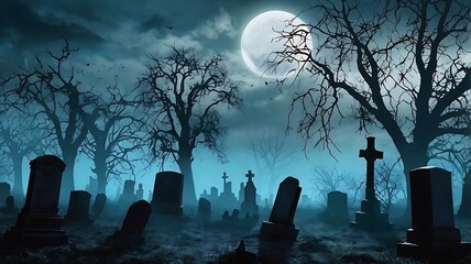 The Graveyard Halloween night scene with the moon and bats, Generative AI
