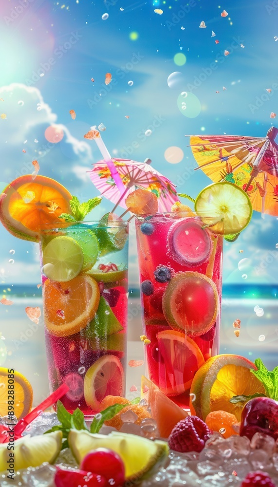 Poster two glasses of fruit-filled cocktails with colorful umbrellas rest on a beach with an ocean backdrop