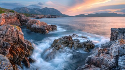 Fototapeta premium A large body of water lies next to a rocky shore, beneath a cloud-studded sky In the distance, mountains loom