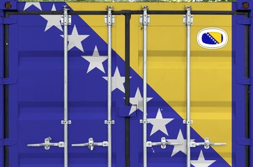 Bosnia and Herzegovina flag depicted on metal doors of shipping cargo container outdoors in docks...