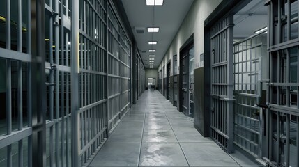 Long, Empty Prison Corridor With Metal Bars and Doors