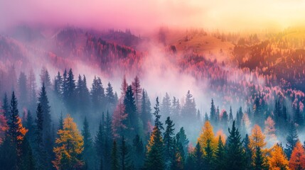  A forest, dense with numerous trees, situated in the heart of a fog-enshrouded forest teeming with trees