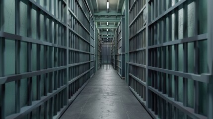 Empty Prison Corridor With Metal Bars and Concrete Floor