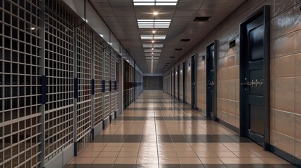 The Dark Prison Corridor Is Lined With Thick Metal Bars and Sturdy Doors That Restrict Freedom