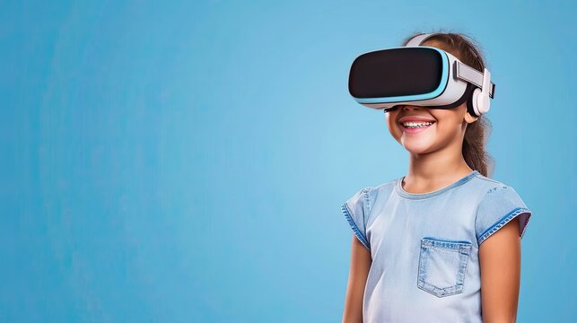 Smiling Girl Wearing Virtual Reality Headset Against Blue Background