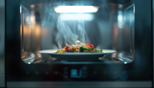 A microwave oven with a plate of leftovers inside, the timer counting down