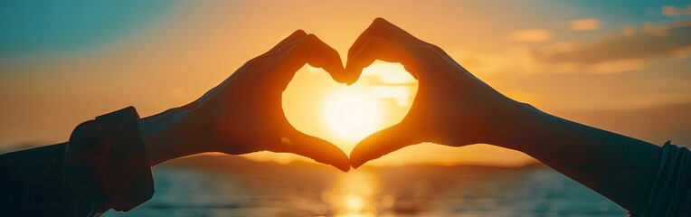 Silhouetted Hands Heart Shape Sunset Love Connection