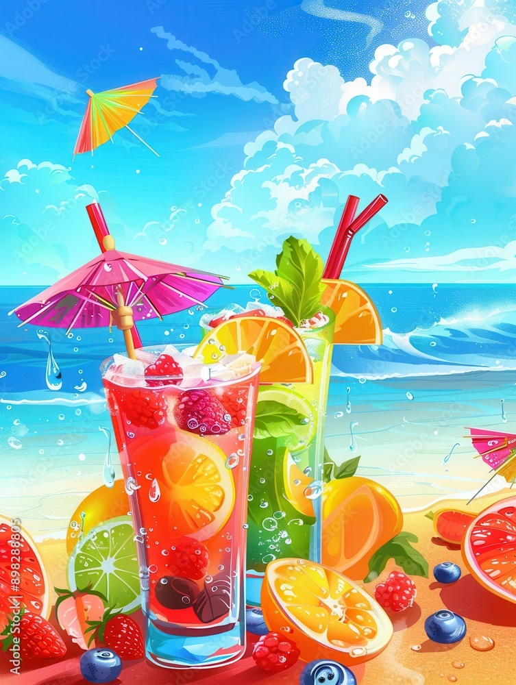 Poster two colorful cocktails garnished with fruit and paper umbrellas on a sandy beach with an ocean backd