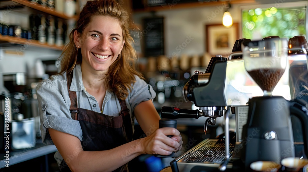 Poster a coffee bar owner smiling while holding a portafilter in their cafe.