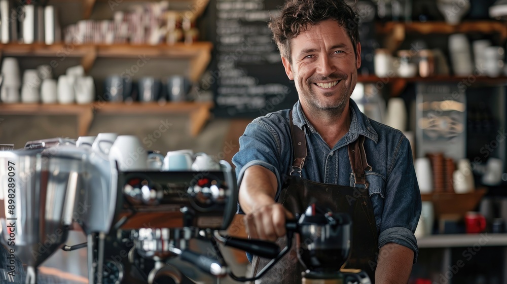 Poster a coffee bar owner smiling while holding a portafilter in their cafe.