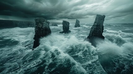 rocks in its midsection, storm clouds loom behind
