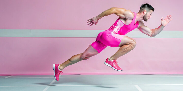 A close-up of an athlete sprinting on a track, showcasing muscular strength and determination. The dynamic pose captures the intensity of the sprint