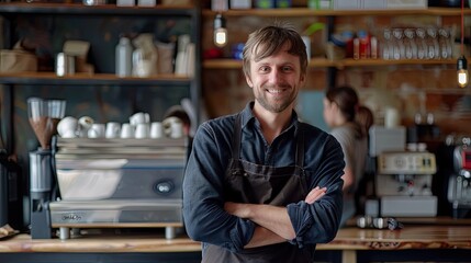 Obraz premium A coffee bar owner standing proudly behind the counter, smiling at the camera. 