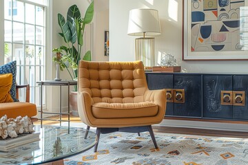 Light Yellow Mid-Century Modern Armchair with Brass Lamp Accents and Ornate Sideboard, Surrounded by Chic Home Decor and Round Glass Coffee Table
