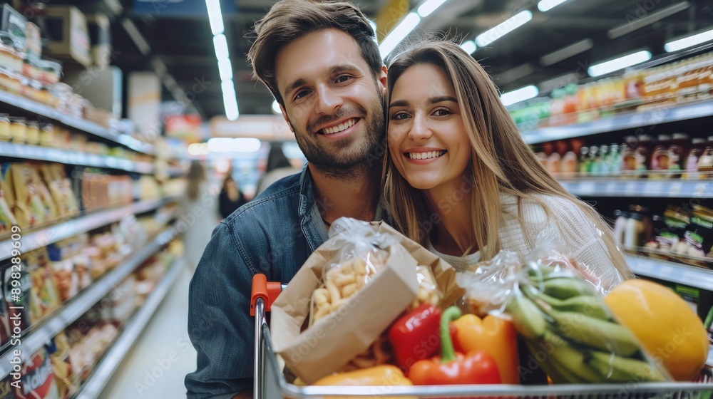 Poster a couple with wide smiles, posing in a supermarket with a shopping cart packed with groceries and lo