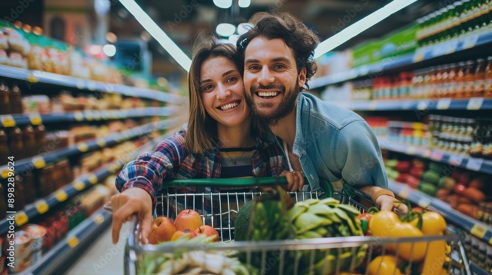 Poster a couple with wide smiles, posing in a supermarket with a shopping cart packed with groceries and lo