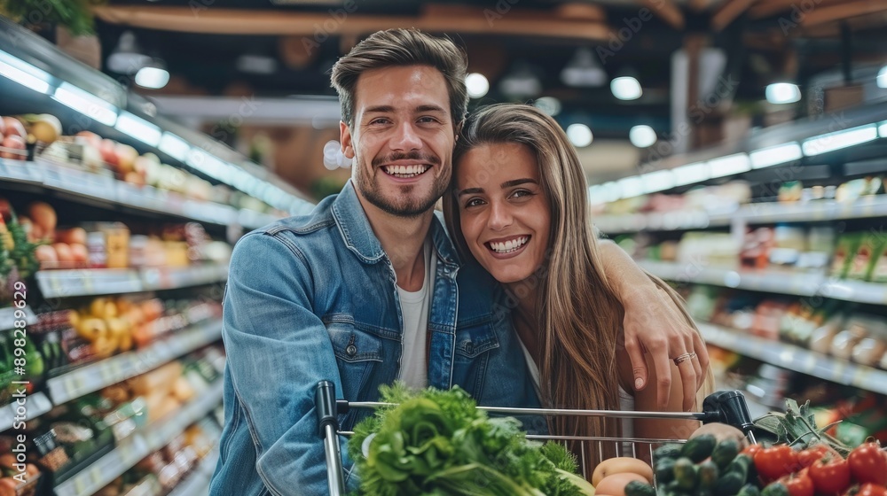 Poster a couple with wide smiles, posing in a supermarket with a shopping cart packed with groceries and lo