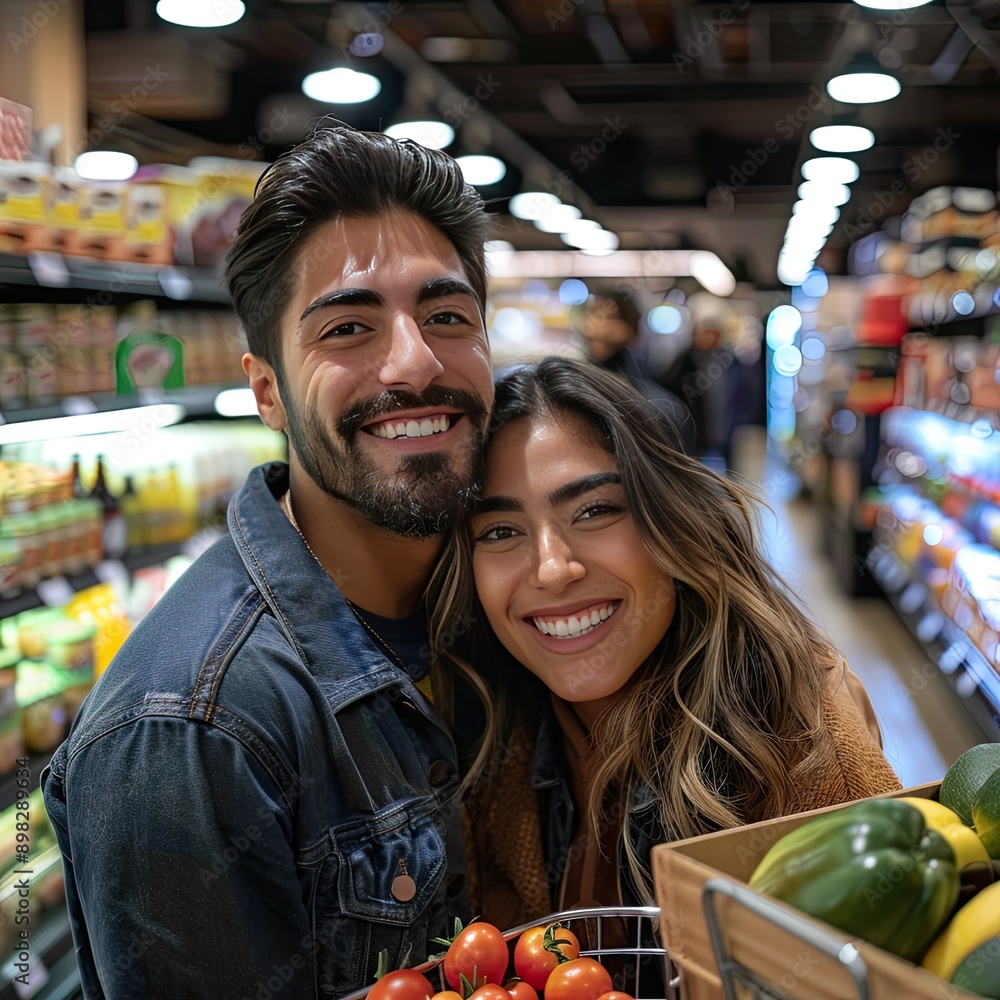Poster a couple with wide smiles, posing in a supermarket with a shopping cart packed with groceries and lo