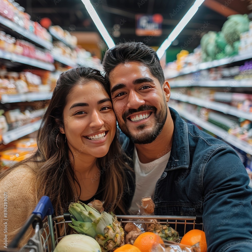 Poster a couple with wide smiles, posing in a supermarket with a shopping cart packed with groceries and lo