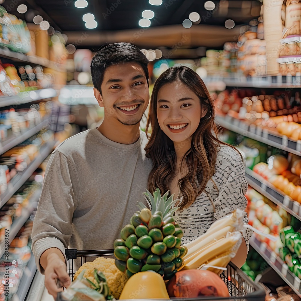 Poster a couple with wide smiles, posing in a supermarket with a shopping cart packed with groceries and lo