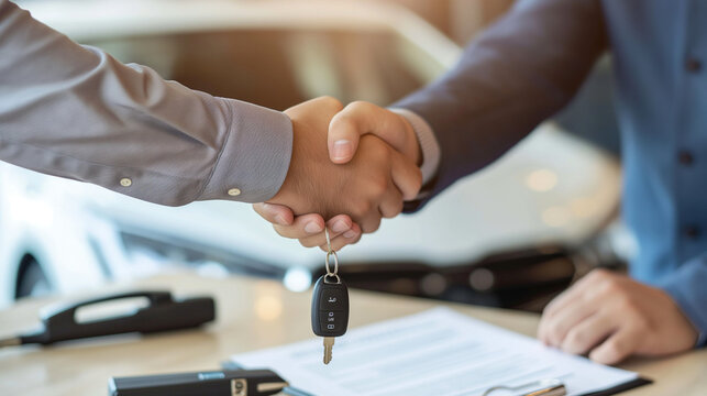 Close-up of hands shaking, finalizing a car sale, with the sales documents and car keys visible