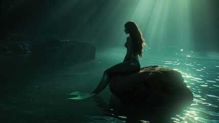 Mysterious mermaid sitting on a rock in a dark cave with a single beam of light.