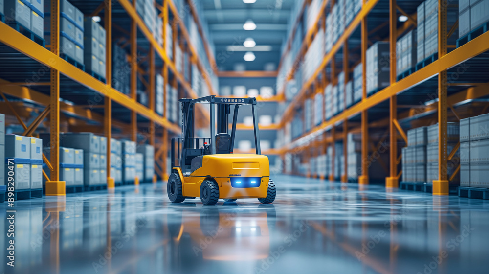 Poster autonomous forklift utilizing ai for precise storage in a state-of-the-art warehouse, featuring robo