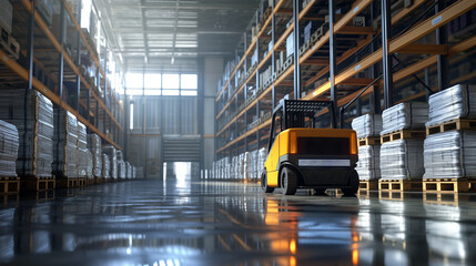 Fototapeta premium Autonomous forklift utilizing AI for precise storage in a state-of-the-art warehouse, featuring robotics in industrial logistics