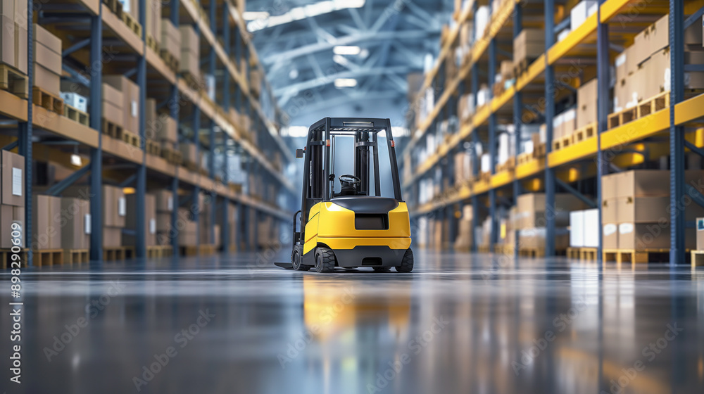 Poster high-tech forklift powered by ai navigating and organizing inventory in a warehouse, emphasizing the