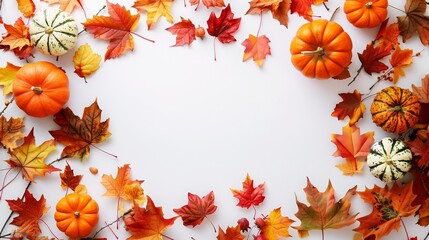 Pumpkins and colorful autumn leaves arranged on a white background, with space for text