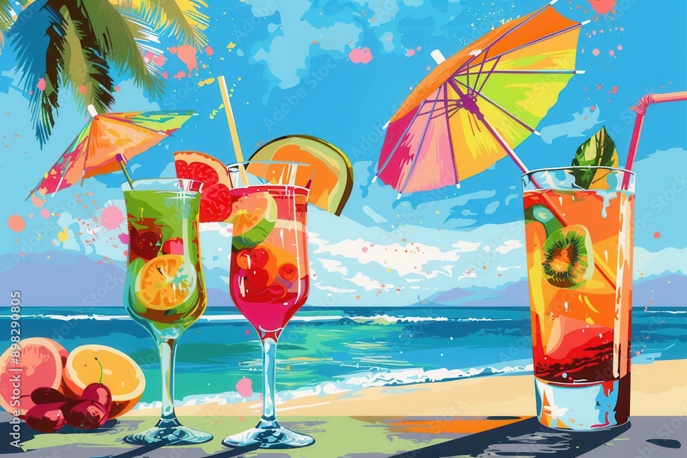 Aufkleber three colorful cocktails garnished with fruit sit on a table overlooking a tropical beach with palm 