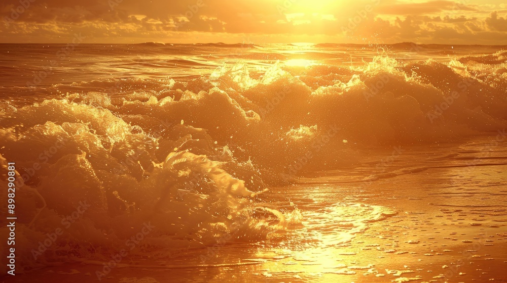 Poster a golden sunrise on the beach, with the waves catching the light and creating a shimmering effect.