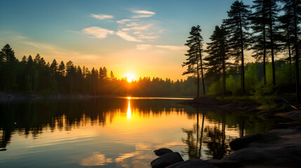 Fototapeta premium Symbiosis: The Harmonious Relationship Between Forest, Lake, and Sky at Sunset