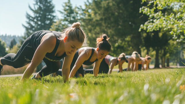 A scenic outdoor fitness boot camp with participants doing push-ups and lunges on a grassy field