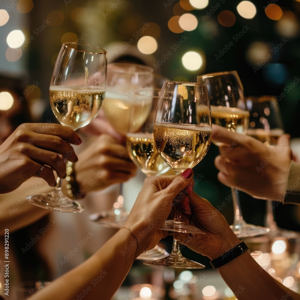 Poster a group of people raising glasses in a toast at a networking event.