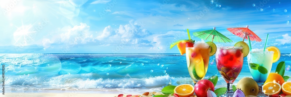 Poster four colorful cocktails garnished with fruit and umbrellas sit on a sandy beach with an ocean backdr