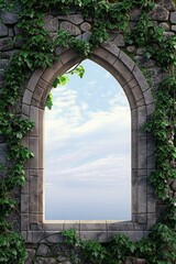 Fototapeta premium Fantasy Castle Window. A stone arch frame with ivy climbing up, detailed with medieval-style embellishments. The center is a clear, bright sky or a serene landscape view.
