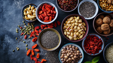 A selection of superfoods like chia seeds, goji berries, and nuts arranged on a table