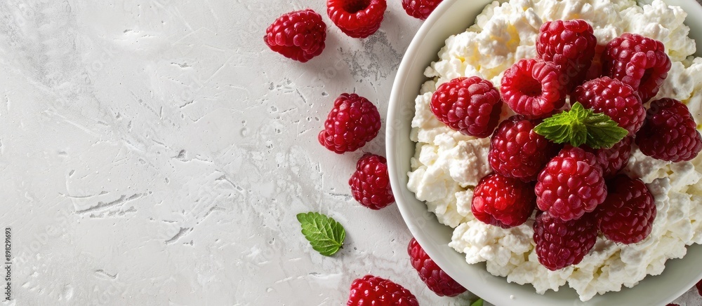 Aufkleber Close up shot of breakfast featuring fresh cottage cheese topped with raspberries with a blank space for additional images or text placement